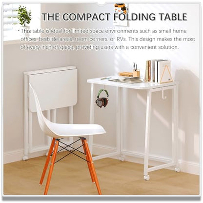4NM 23.6" Mobile Small Folding Desk, Foldable Rolling Computer Home Office Desk, Study Writing Table for Small Space Saving Bedroom, with Wheels - All White - color: All White, size: 23.6"W x 15.7"D