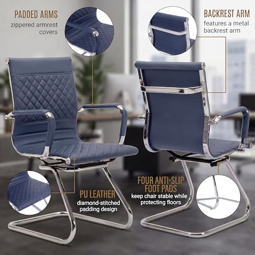 HNY Set of 2 PU Leather Office Guest Chairs, Navy Blue - color: Navy Blue