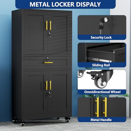 Ckzbx Metal Garage Storage Cabinet with Locking Drawers and Adjustable Shelves,74" H Rolling Tool Storage with Wheels for Garage,Office (Black)