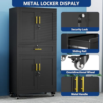 Ckzbx Metal Garage Storage Cabinet with Locking Drawers and Adjustable Shelves,74" H Rolling Tool Storage with Wheels for Garage,Office (Black)