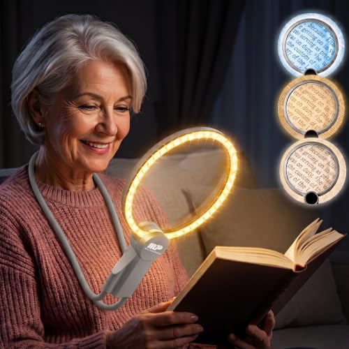 MAGNIPROS Hands-Free Magnifying Glass with Light for Seniors, 5X/10X Rechargeable GooseNeck Magnifier, 3 Color Light Modes, LCD Display, Reading, Sewing, Crafts