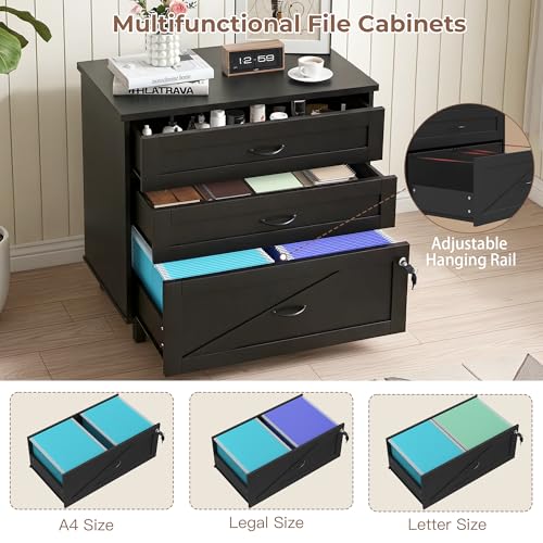 Quikraen 3-Drawer Wooden File Cabinet with Lock, Large Lateral Filing Cabinet with Hanging File Folders, Farmhouse Style Office Organizer Printer Stand for Home Office, Black 32 inch