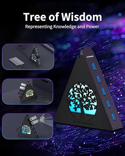 7-Port USB 3.0 Hub, Vertical USB Hub Splitter with RGB Lighting, 5Gbps High-Speed Data Transfer and 2FT Extension Cable, Compatible with Laptop, PC, Desktop, MacBook, PS5, Xbox, Flash Drive - color: 2-Tree Black