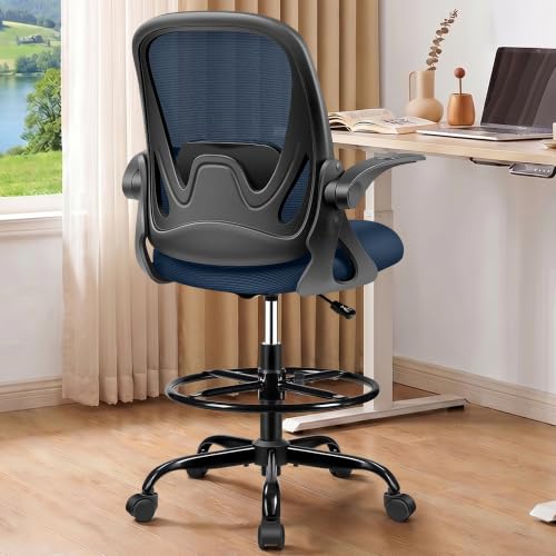 Drafting Chair Tall Office Chair with Flip-up Armrests, Adjustable Height, Enhanced Lumbar Support Ergonomic Rolling Stool, Back Support, Adjustable Foot Rest Ring for Standing Desk Navy - color: Navy, size: 934W-Z