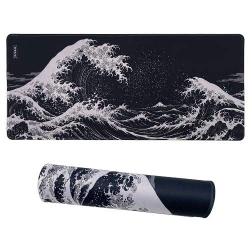 Desk Setup Large Mouse Pad for Desk-70x30 Blackwaves | Non-Slip Rubber Base 27.5x11.8IN Computer Desk Mat for PC,Mac,Laptop-Stitched Edges and Smooth Surface for Office,Home,Work - color: 70x30 Blackwaves