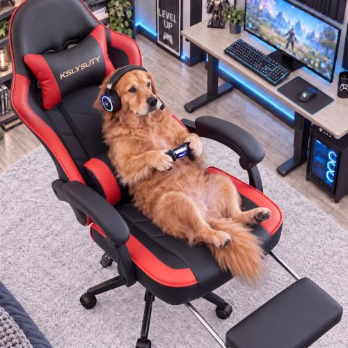 Desk Computer Gaming Chair - High Back Ergonomic Office Chair with Footrest and Lumbar Support, Swivel Comfy Home Gamer Video Game Chairs with Pocket Spring Cushion for Adults (Red Leather) - color: Classic Red Leather