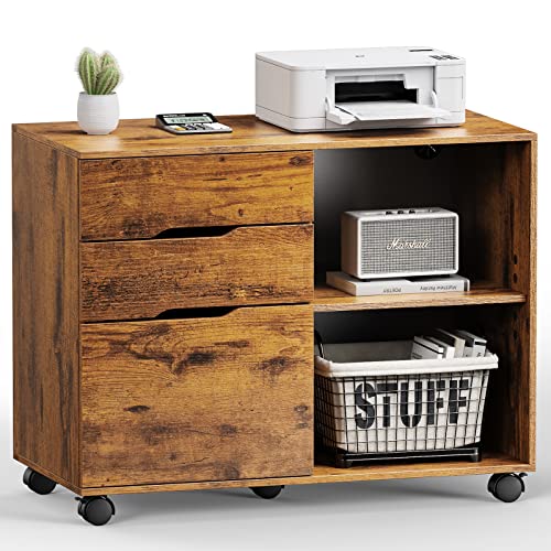File Cabinet with 3 Drawers, Mobile Lateral Filing Cabinet with Open Storage Shelves for Home Office Under Desk Storage, Brown - color: Brown