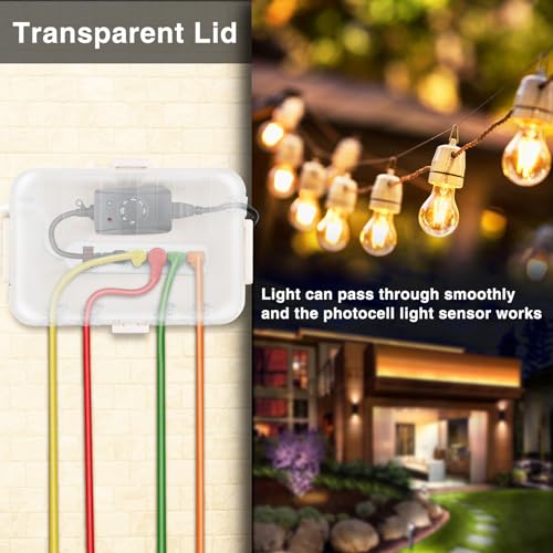 Flemoon Large Outdoor Electrical Box, Waterproof Extension Cord Cover | 6 Cable Entry Ports, IP54 Weatherproof Connection Box with Clear Lid for Photocell Light Sensor Timer, Outlet, Socket, Almond - color: Transparent and Almond, size: Large