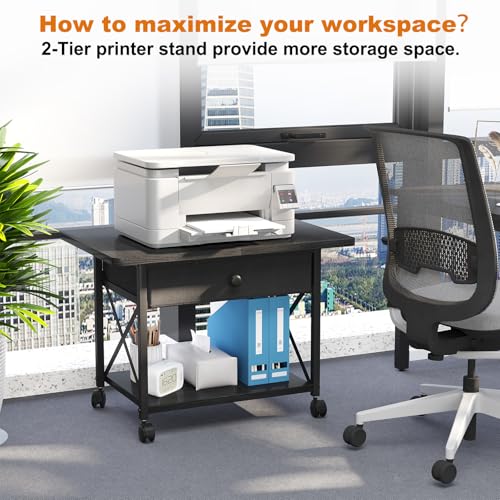 EasyCom Large Printer Stand with Fabric Storage Drawer and Locking Wheels - color: Black, size: Large