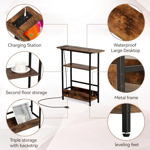 Narrow End Table with USB-C Charging Station, 3-Tier Slim Side Table | Modern Space-Saving Small End Table with Charging Station, Storage Shelves for Couch, Bedroom, Living Room, Small Spaces