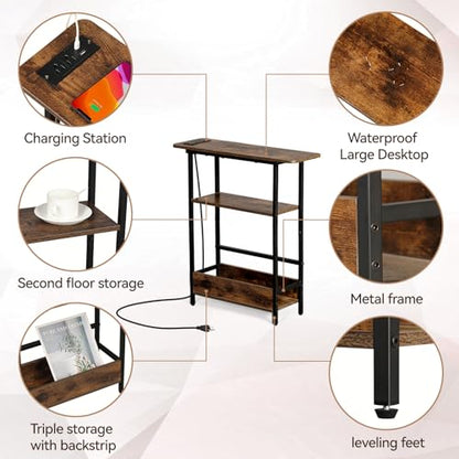 Narrow End Table with USB-C Charging Station, 3-Tier Slim Side Table | Modern Space-Saving Small End Table with Charging Station, Storage Shelves for Couch, Bedroom, Living Room, Small Spaces