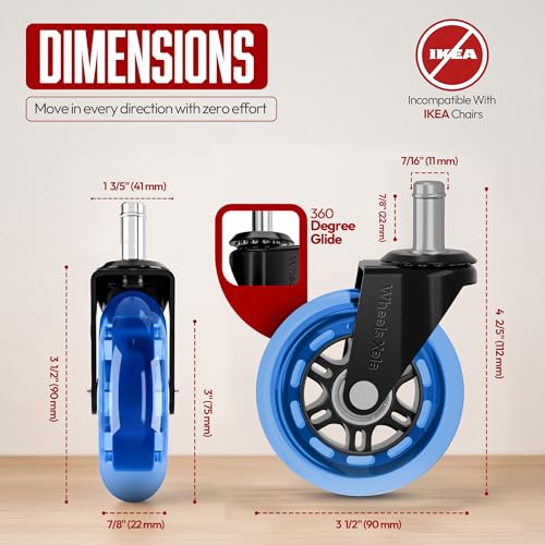 Office Chair Wheels Replacement, 3 Inch Caster Wheels Rollerblade Desk Chair Wheels for Carpet Hardwood Floors, Heavy-Duty Desk Chair Casters, Fits 98% Chair Set of 5 - color: Blue Pack of 5