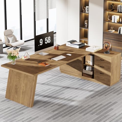 Tribesigns 78-Inch L-Shaped Executive Desk, Office Desk with Drawers and Lateral File Cabinet, Large Computer Workstation with Storage Shelves (Brown) - color: Brown