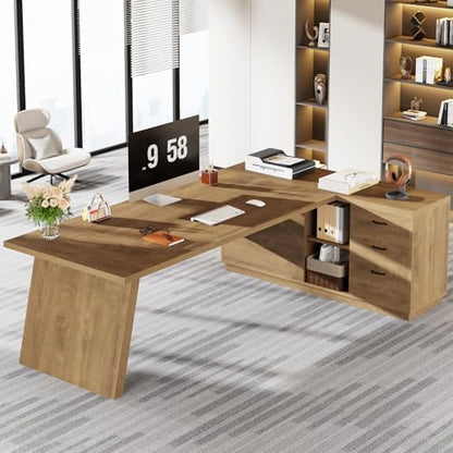 Tribesigns 78-Inch L-Shaped Executive Desk, Office Desk with Drawers and Lateral File Cabinet, Large Computer Workstation with Storage Shelves (Brown) - color: Brown