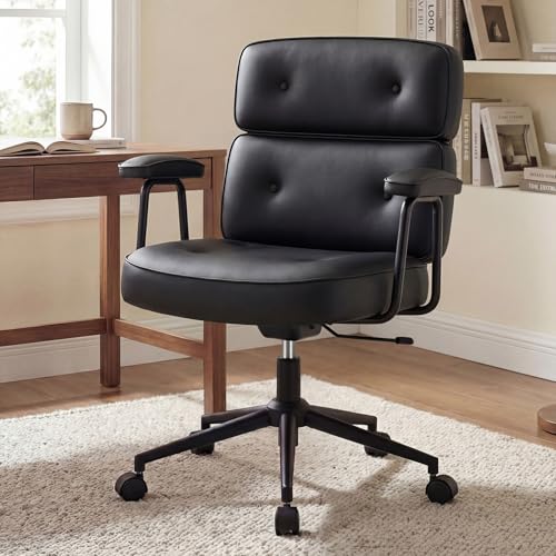 Ergonomic Leather Office Chair, High Back Executive Desk Chair | Comfy Lumbar Support, Padded Arms, Adjustable Height, 360° Swivel Rolling Computer Chairs for Home Office, Black - color: Black