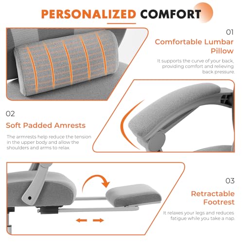 Sweetcrispy Ergonomic Office Chair, Computer Desk Chair with Lumbar Support | Adjustable Footrest, High-Back Mesh, 360° Rolling Swivel Work, Comfy Arms for Home Bedroom, Light Grey - color: Light Grey