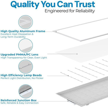 4 Pack 2x4 LED Flat Panel Light for Drop Ceiling, 9360lm Selectable 30W/40W/50W/60W/72W, Color Temperature 3000K/3500K/4000K/5000K/6500K, 0-10V Dimmable, 120-277V, ETL - size: 2X4 FT LED 4 Pack