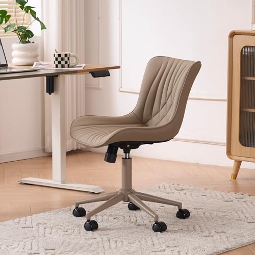 YOUTASTE All Khaki Office Chair, Modern Armless Desk Chair with Back, Adjustable Swivel Rolling Faux Leather Task Chair with Wheels Metal Base for Home Office, Study, or Vanity - color: All Khaki