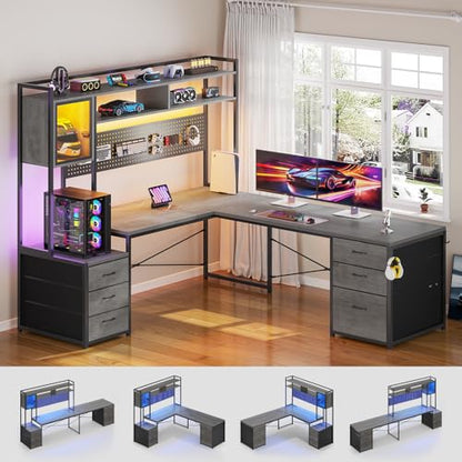 SEDETA Reversible L Shaped Gaming Desk with 6 Drawers, Hutch, Led Lights - color: Grey