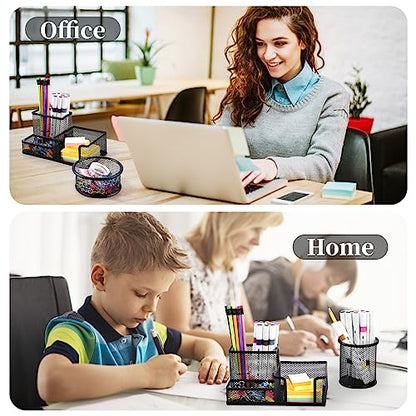 2-Piece Desk Pen & Pencil Organizer - Mesh Metal Pen Cup with Sticky Notes Holder, Black | Pen Cup - style: Square