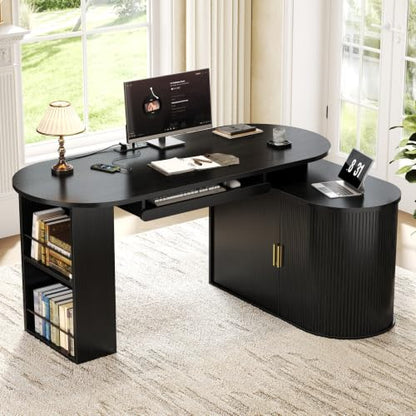 HSH 60 Inch L Shaped Computer Desk, Reversible Office Desks with Storage - color: Black