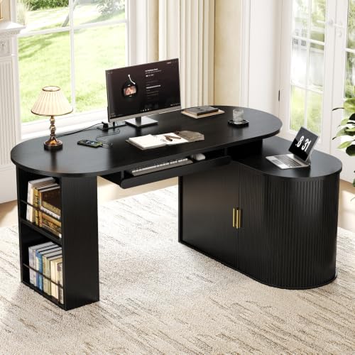HSH 60 Inch L Shaped Computer Desk, Reversible Office Desks with Storage - color: Black