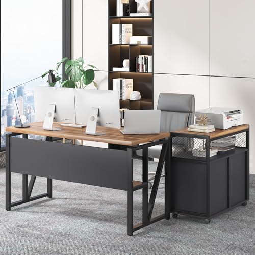 Tribesigns 55" Executive Desk with Reversible File Cabinet, Large L-Shaped Office Desk with Drawers, Business Furniture Workstation for Home Office (Dark Walnut, 55-inch) - color: Dark Walnut