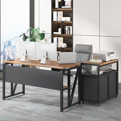 Tribesigns 55" Executive Desk with Reversible File Cabinet, Large L-Shaped Office Desk with Drawers, Business Furniture Workstation for Home Office (Dark Walnut, 55-inch) - color: Dark Walnut