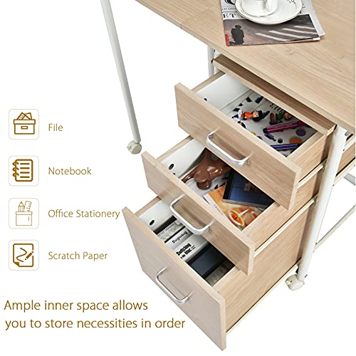 Tangkula Folding Computer Desk with 3 Storage Drawers, Mobile Home Office Desk Study Writing Desk with Smooth Wheels, Space Saving Compact Desk for Dorm Apartment, Rolling Folding Desk Table - color: Natural