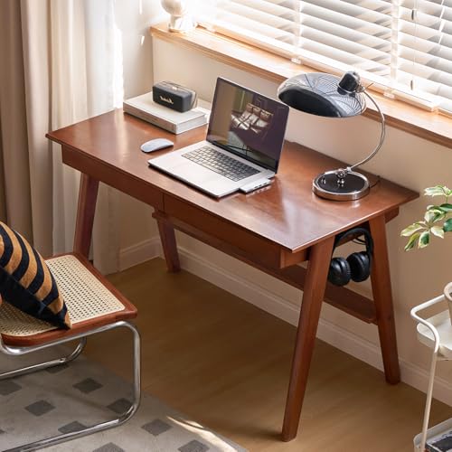 100% Solid Rubber Wood Desk Home Office Desk Mid Century Modern Writing Computer Desk with Drawer for Home Office 39" - color: Teak-rubberwood, size: 39.37"W