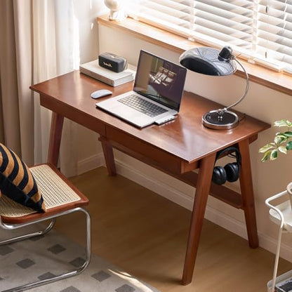 100% Solid Rubber Wood Desk Home Office Desk Mid Century Modern Writing Computer Desk with Drawer for Home Office 39" - color: Teak-rubberwood, size: 39.37"W
