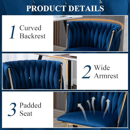 NIOIIKIT Modern Velvet Dining Chairs Hand Weaving Accent Chairs Living Room Chairs Upholstered Side Chair with Golden Metal Legs for Dining Room Kitchen Vanity Living Room (Navy) - color: Navy