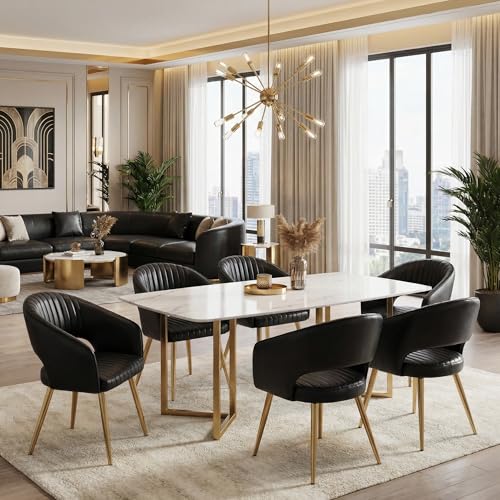 Modern Dining Chairs Set of 2, Upholstered PU Leather Gold Dining Room Chairs with Hollow Back, Accent Armrest Kitchen Chairs with Gold Legs for Living Room Black - color: Black 1