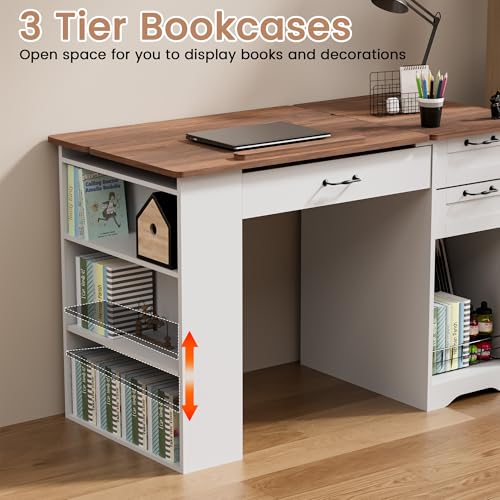 Drafting Table with Storage Cabinet & Drawers, Adjustable Drawing Desk with Open Shelves, Craft Table Painting Desk for Artists, Painters, Drawing, Crafting, Reading, Writing, Working - color: White