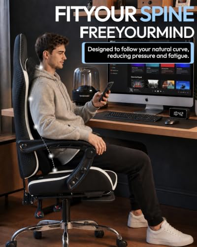 Dowinx Ergonomic Gaming Chair with Footrest & Massage Lumbar, 2D-Linkage Armrests for Computer Chair 330lbs with Headrest Pillow for Office, Home, Streaming and Long Gaming Sessions, White - color: White