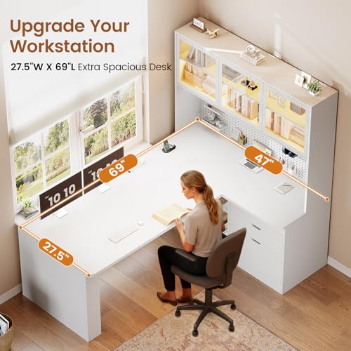 SEDETA L Shaped Corner Gaming Desk with 3 Wood Drawer and Large Bookshelf - color: White