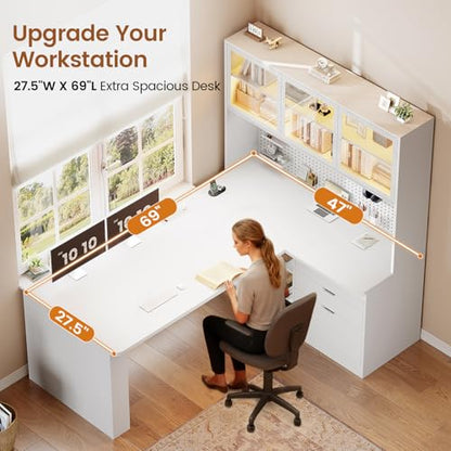 SEDETA L Shaped Corner Gaming Desk with 3 Wood Drawer and Large Bookshelf - color: White