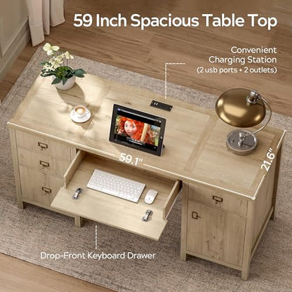 EYYTHUNG Modern Executive Desk with File Drawers Cabinet,59" Computer Desk with Charging Station, Keyboard Tray, Large Home Office Desk, Farmhouse Wood Desk for Study, Writing, Light Oak - color: Light Oak