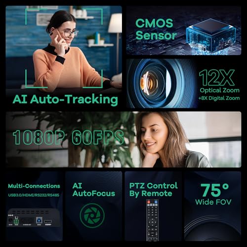 TONGVEO PTZ Camera AI Auto Tracking 12X Optical Zoom Conference Room Camera Wide View HDMI/USB3.0 60fps 1080P Video Conference for Church Worship Meeting Online Learn with Zoom YouTube OBS and More - color: Phantom