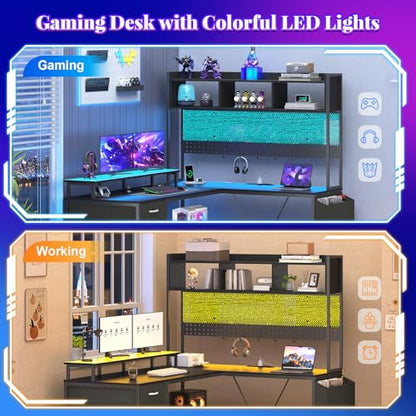 L Shaped Desk with Hutch and Drawers, Gaming Desk with LED Lights ＆ Outlets | Computer Desk with 4 Drawers and Monitor Stand, Corner Desk with Pegboard for Home Office ＆ Gaming, Black