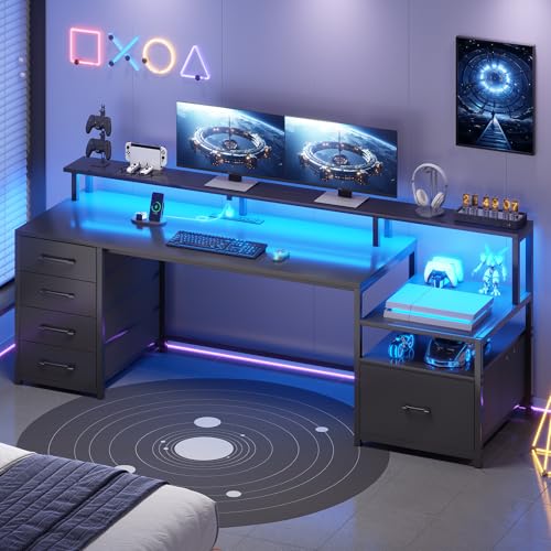 SEDETA Computer Desk with 5 Drawer, Power Outlet, Led Lights, Black - color: Black With Led Lights, size: 67X18.5inch
