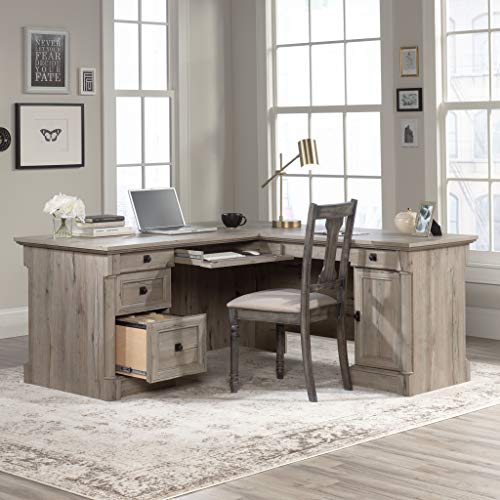 Sauder Palladia L Shaped Desk with Drawers, Office Desk with File Cabinet Storage, Cable Management, Keyboard Tray, in Split Oak finish - color: Split Oak