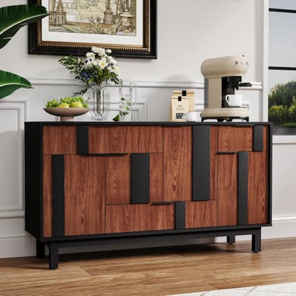 Modern Sideboard Cabinet with 3D Geometric Doors, 54 inch TV Cabinet with 4 Door and 3 Drawers, Buffet Storage Credenza for Living Room, Kitchen (Walnut)