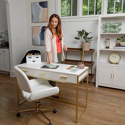 Martha Stewart Ollie Home Office Desk with 3 Drawers in White with Polished Brass Hardware - color: White Top/Polished Brass Frame
