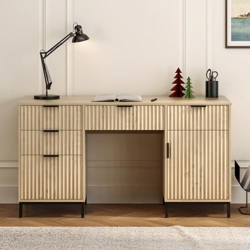 55" Fluted Executive Desk, Modern Home Office Desk with Charging Station, Keyboard Tray, File Drawer, Storage Cabinet for Work Study Writing Desk, Light Oak - color: Light Oak