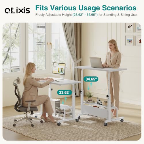 OLIXIS Rolling Desk, Storage Shelves, Laptop Table, Home Office | Height Adjustable Design, Computer Desks on Wheels, Portable for Small Spaces Use, White