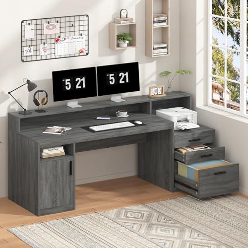YOMILUVE 65" Computer Desk with 3 Drawers & Printer Shelf for Home Office - color: Dark Gray