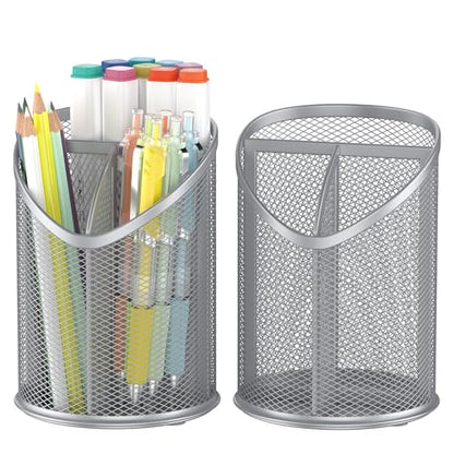 Delifox 2 Pack Pen Holder Mesh Round Pencil (Silver) - color: silver