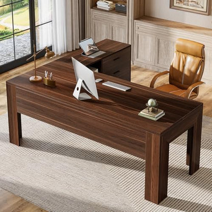Tribesigns 63" L Shaped Desk with Storage, Executive Office Desk with Mobile Lateral File Cabinet Combo, Large Computer Table with Drawers and Shelves, Business Furniture Set for Home Office, Walnut - color: Walnut