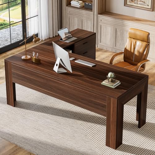 Tribesigns 63" L Shaped Desk with File Cabinet, Large Executive Office Desk with Rolling Filing Cabinet, Long Computer Table with Drawers and Shelves, Business Furniture Set for Home Office, Walnut - color: Walnut